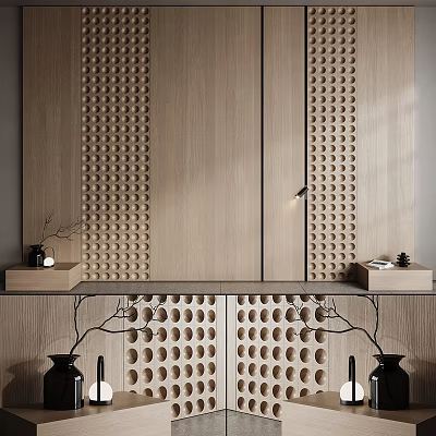 Wooden Bedroom Accent Wall with Perforated Panels Central Cabinet and Side Decor Pieces 3d model