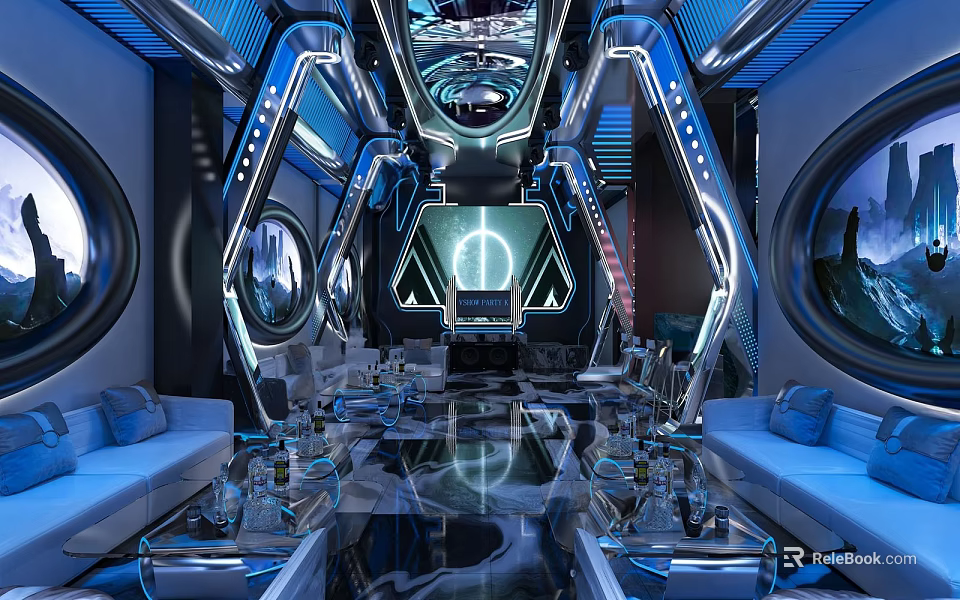 Futuristic KTV Interior Design With Blue Lighting Sofa Seating And LED Screens 3d model 