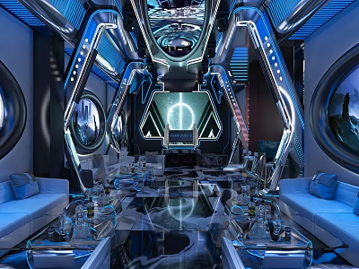 Futuristic KTV Interior Design With Blue Lighting Sofa Seating And LED Screens 3d model