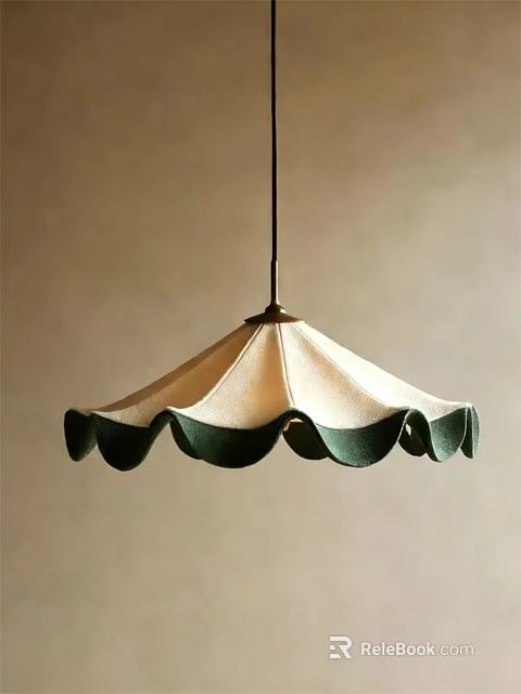 Elegant Fabric Pendant Light Featuring Cream Shade and Dark Green Scalloped Edges 3d model 