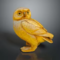 Yellow Wooden Owl Sculpture With Carved Feathers On Dark Background And Reflection