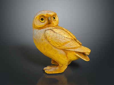 Yellow Wooden Owl Sculpture With Carved Feathers On Dark Background And Reflection 3d model