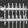 Industrial Plumbing Manifold System with Multiple Valves Metal Frame Blue Pipes and Pressure Gauge