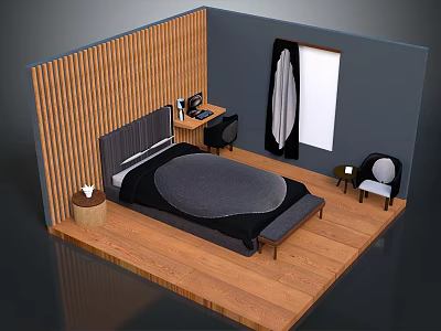 Modern Bedroom Furniture Setup With Wooden Slat Wall Bed Nightstand Desk And Chair 3d model