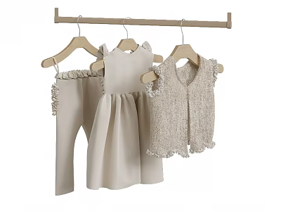 Children's Light Colored Clothing Set With Dress Vest And Ruffled Details On Hangers 3d model