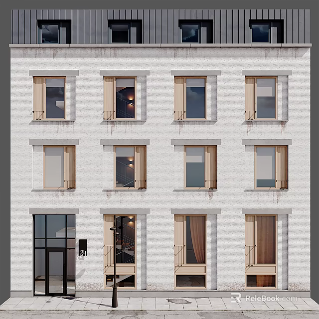 Modern Multi Storey Residential Building With White Facade Windows Balcony Railings And Curtains 3d model 
