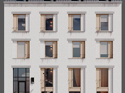 Modern Multi Storey Residential Building With White Facade Windows Balcony Railings And Curtains 3d model