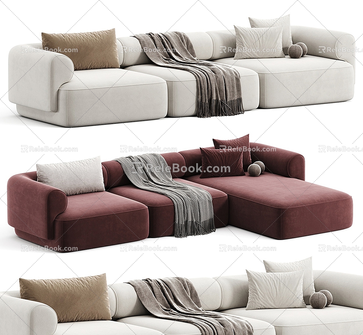 Fabric Multi-person Sofa Three-seat Sofa Corner Sofa 3d model