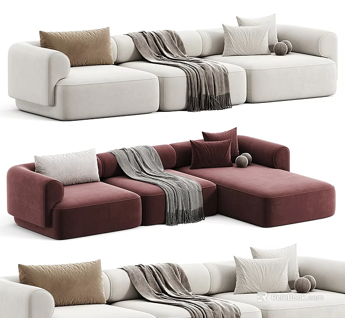 Cream and Burgundy L Shaped Sectional Sofa with Throw Pillows Blanket and Decorative Balls 3d model 