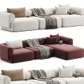 Cream and Burgundy L Shaped Sectional Sofa with Throw Pillows Blanket and Decorative Balls