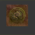 Skeleton Figure Surrounded by Glowing Circular Rings and Green Particles on Square Platform