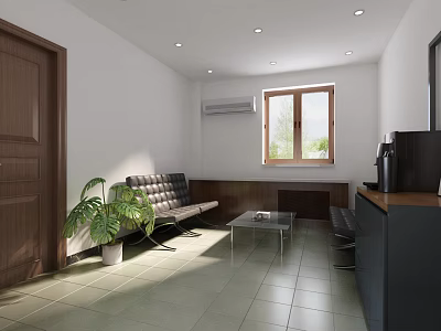 Modern Leisure Area With Gray Sofa Glass Coffee Table Green Plant And Window 3d model