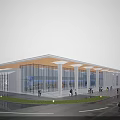 Modern Sales Office Building With Glass Curtain Walls Overhanging Roof Columns And Pedestrians Around
