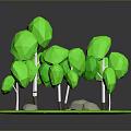 Low Poly Style Green Plants And Trees With Stone On Green Ground