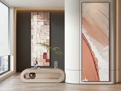 Modern Abstract Wall Art In Interior With Colorful Geometric Blocks And Orange Brush Strokes 3d model
