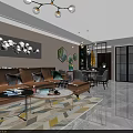 Modern Living And Dining Room With Beige Sofa Round Coffee Tables And Marble TV Wall