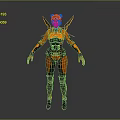 Futuristic Female Character In Orange Black Combat Suit With Green Headgear And Mechanical Wings