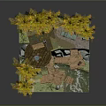 Cartoon Forest Scene with Yellow Trees Small Wooden House and Wooden Walkways on Rocky Platform