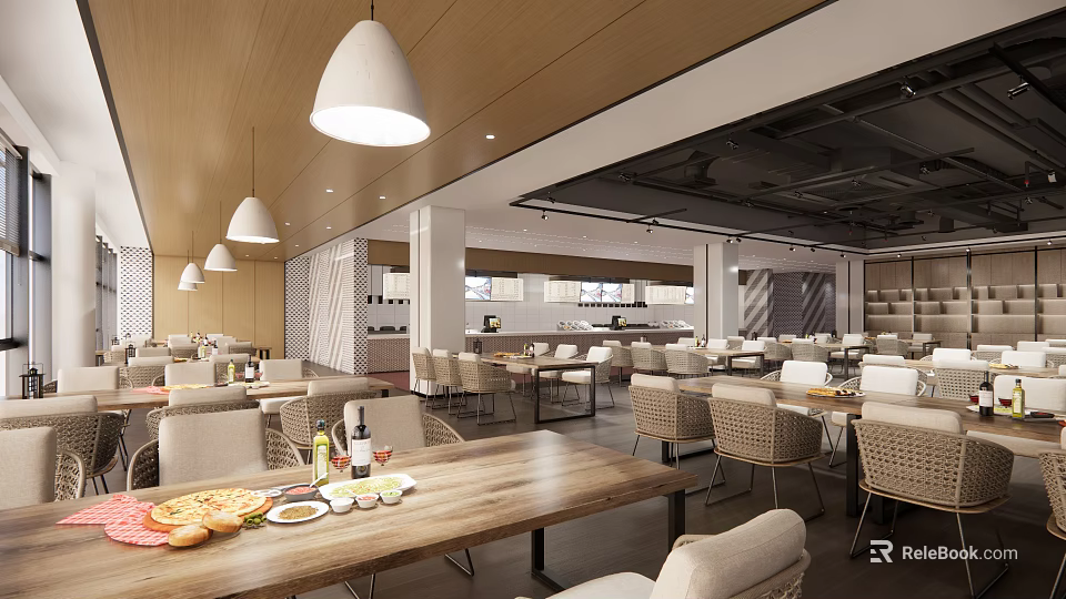 Modern Restaurant Interior Design With Wooden Ceiling White Pendant Lights Dining Tables And Food 3d model 