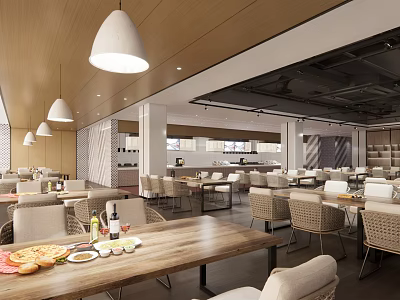 Modern Restaurant Interior Design With Wooden Ceiling White Pendant Lights Dining Tables And Food 3d model