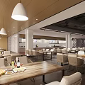 Modern Restaurant Interior Design With Wooden Ceiling White Pendant Lights Dining Tables And Food