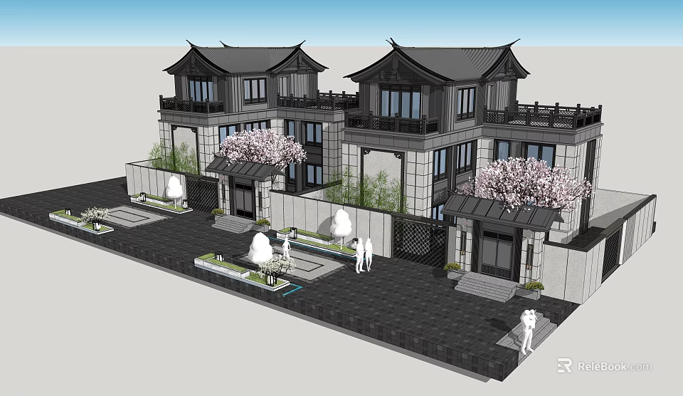Chinese Style Detached Villa With Traditional Roof Cherry Blossom Trees Courtyard Water Feature Stone Pathway 3d model 