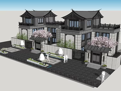 Chinese Style Detached Villa With Traditional Roof Cherry Blossom Trees Courtyard Water Feature Stone Pathway 3d model