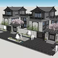 Chinese Style Detached Villa With Traditional Roof Cherry Blossom Trees Courtyard Water Feature Stone Pathway
