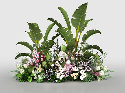 Floral Installation With Large Green Leaves And Colorful Pink White Purple Flowers 3d model