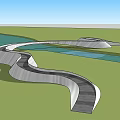 Modern Curved Landscape Bridge Spanning River Amid Green Grass And Water
