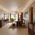 Warm Mid Century Living And Dining Room Interior With Wooden Furniture And Art Wall Decor