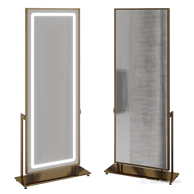 Modern Lighted Full Length Floor Mirror with Brass Frame and Stand 3d model