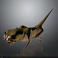3D Yellow Pink Lizard Creature With Big Eyes Open Mouth Long Tail On Black Reflective Floor