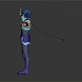 Animated Warrior Character In Blue Purple Outfit With Yellow Accents And Arms Outstretched