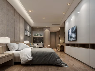 Modern Minimalist Apartment Bedroom With Grey Bed TV Wooden Floor And White Cabinets 3d model