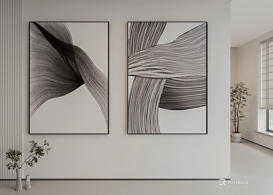 Abstract Paintings Hanging On White Wall With Black White Flowing Lines Modern Style 3d model 