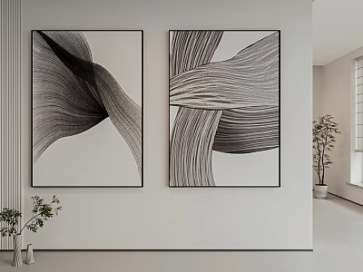 Abstract Paintings Hanging On White Wall With Black White Flowing Lines Modern Style 3d model
