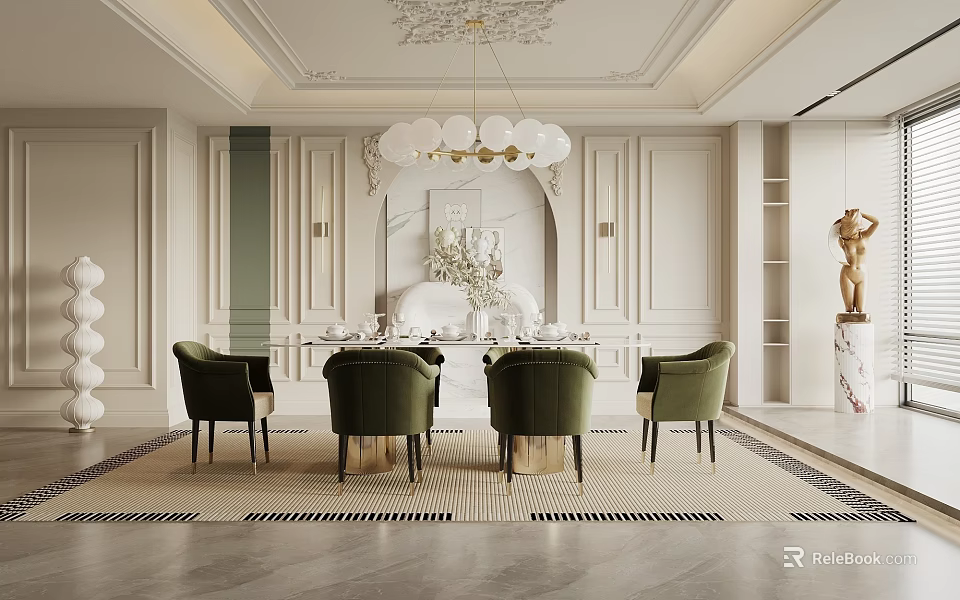 Elegant Luxury Restaurant Interior With Green Chairs Marble Dining Table And Chandelier Wall Decor 3d model 