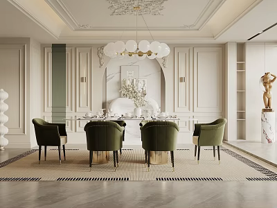 Elegant Luxury Restaurant Interior With Green Chairs Marble Dining Table And Chandelier Wall Decor 3d model