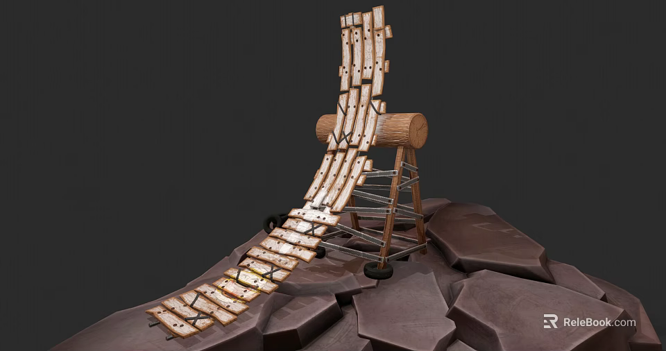 Creative Wood And Stone Ramp Structure With Wooden Planks Log Support And Stone Base 3d model 