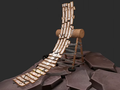 Creative Wood And Stone Ramp Structure With Wooden Planks Log Support And Stone Base 3d model