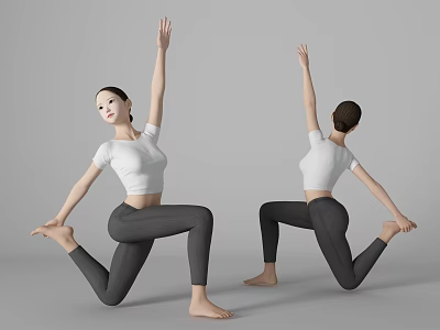Woman Performing Yoga Stretching Pose In White Top And Gray Leggings 3d model