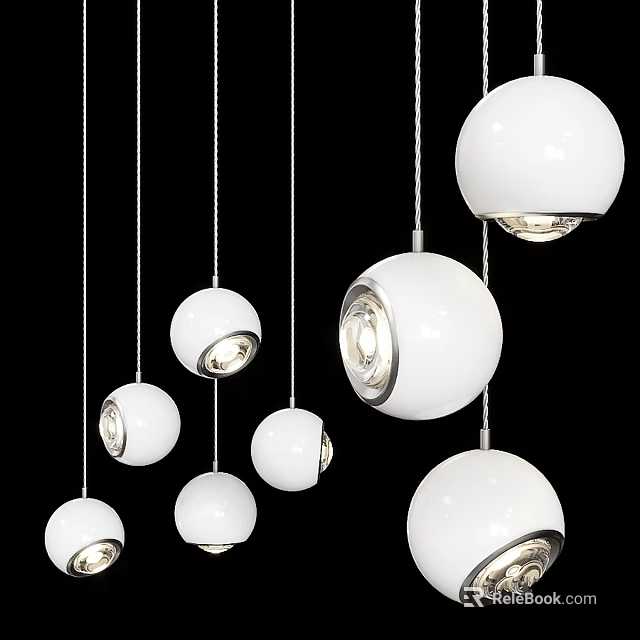 Modern White Spherical Chandeliers Hanging With Different Sizes And Bright Lights 3d model 