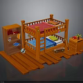 Wooden Bunk Bed Kids Bedroom With Bookshelf Nightstand And Pink Blue Mattresses