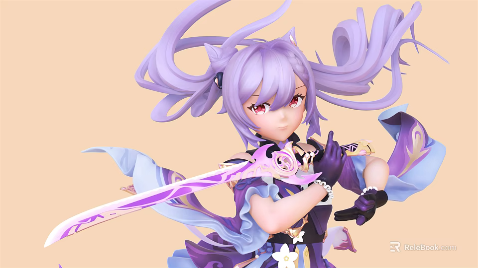 Anime Game Character With Purple Hair Twin Ponytails Red Eyes Holding Pink Purple Sword 3d model 