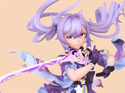 Anime Game Character With Purple Hair Twin Ponytails Red Eyes Holding Pink Purple Sword 3d model