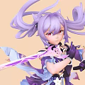Anime Game Character With Purple Hair Twin Ponytails Red Eyes Holding Pink Purple Sword