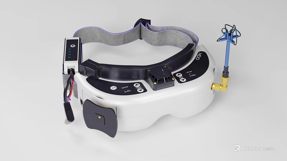 Modern White VR Headset With Black Adjustable Strap Control Panel Buttons And Blue Antenna Cables 3d model