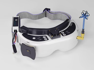 Modern White VR Headset With Black Adjustable Strap Control Panel Buttons And Blue Antenna Cables 3d model