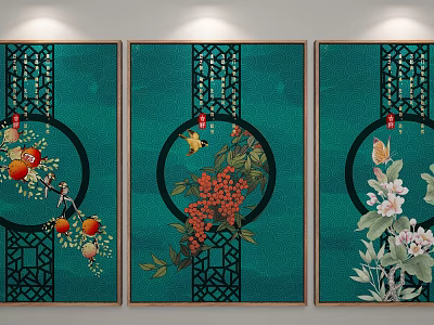 Chinese Style Botanical Paintings with Circular Frames Flowers Fruits and Butterfly on Green Background 3d model